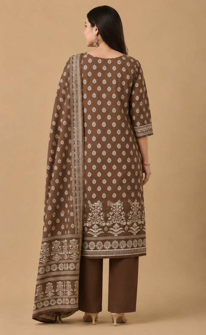 Brown Cotton Blend Unstitched Dress Material