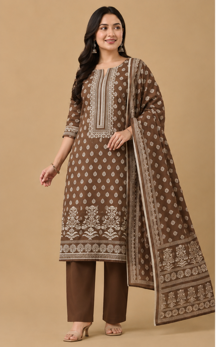 Brown Cotton Blend Unstitched Dress Material