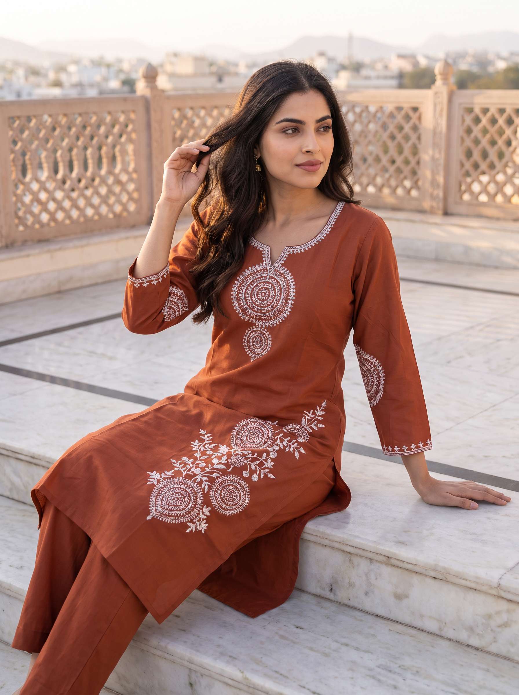 Embroidered Round Neck Kurta & Palazzos