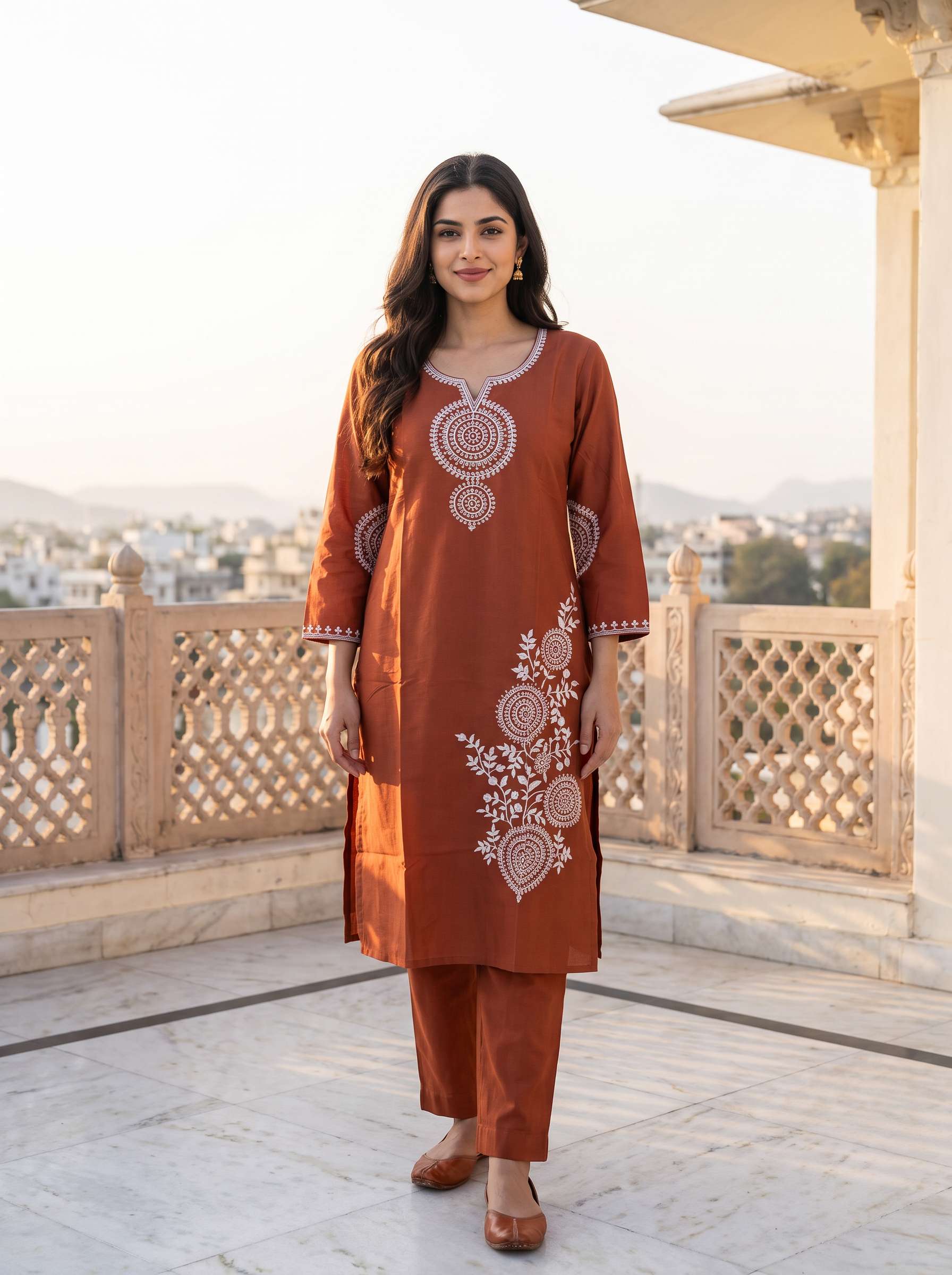 Embroidered Round Neck Kurta & Palazzos