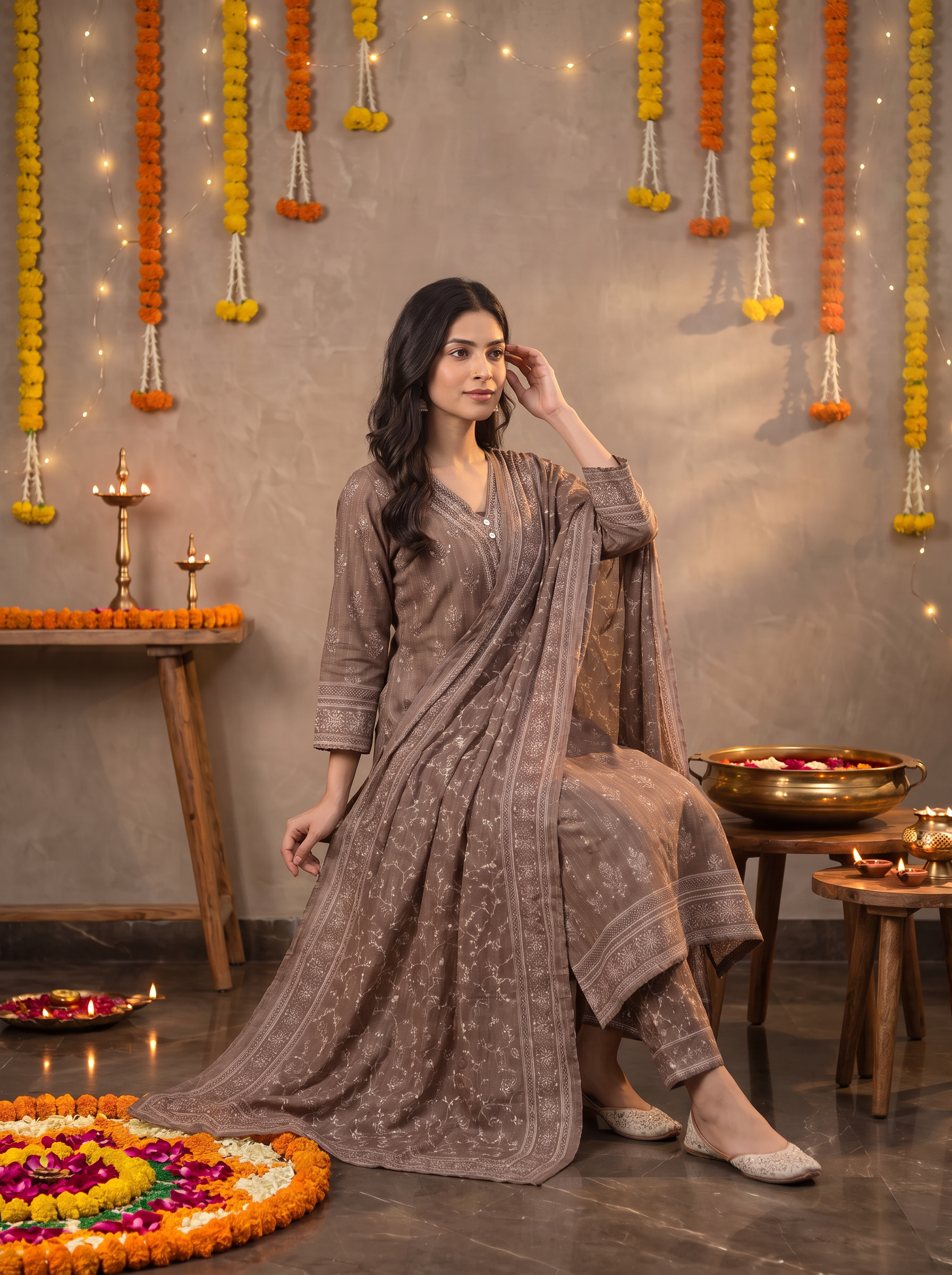 Floral Printed V-Neck Pure Cotton Straight Kurta With Trousers & Dupatta