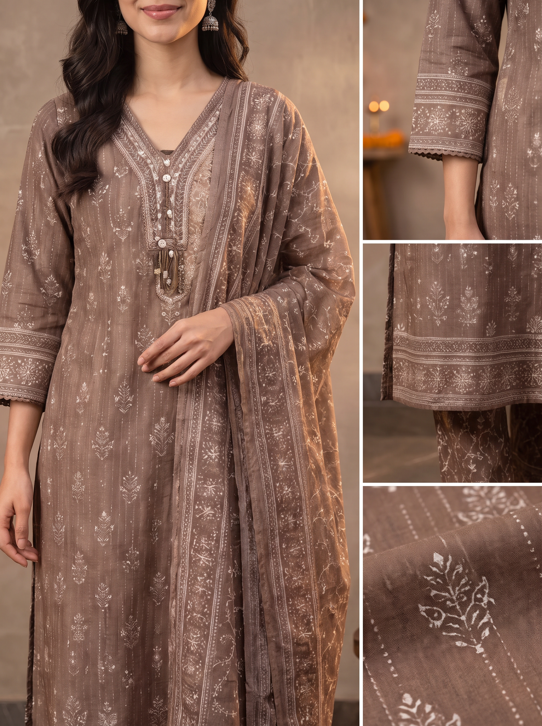 Floral Printed V-Neck Pure Cotton Straight Kurta With Trousers & Dupatta