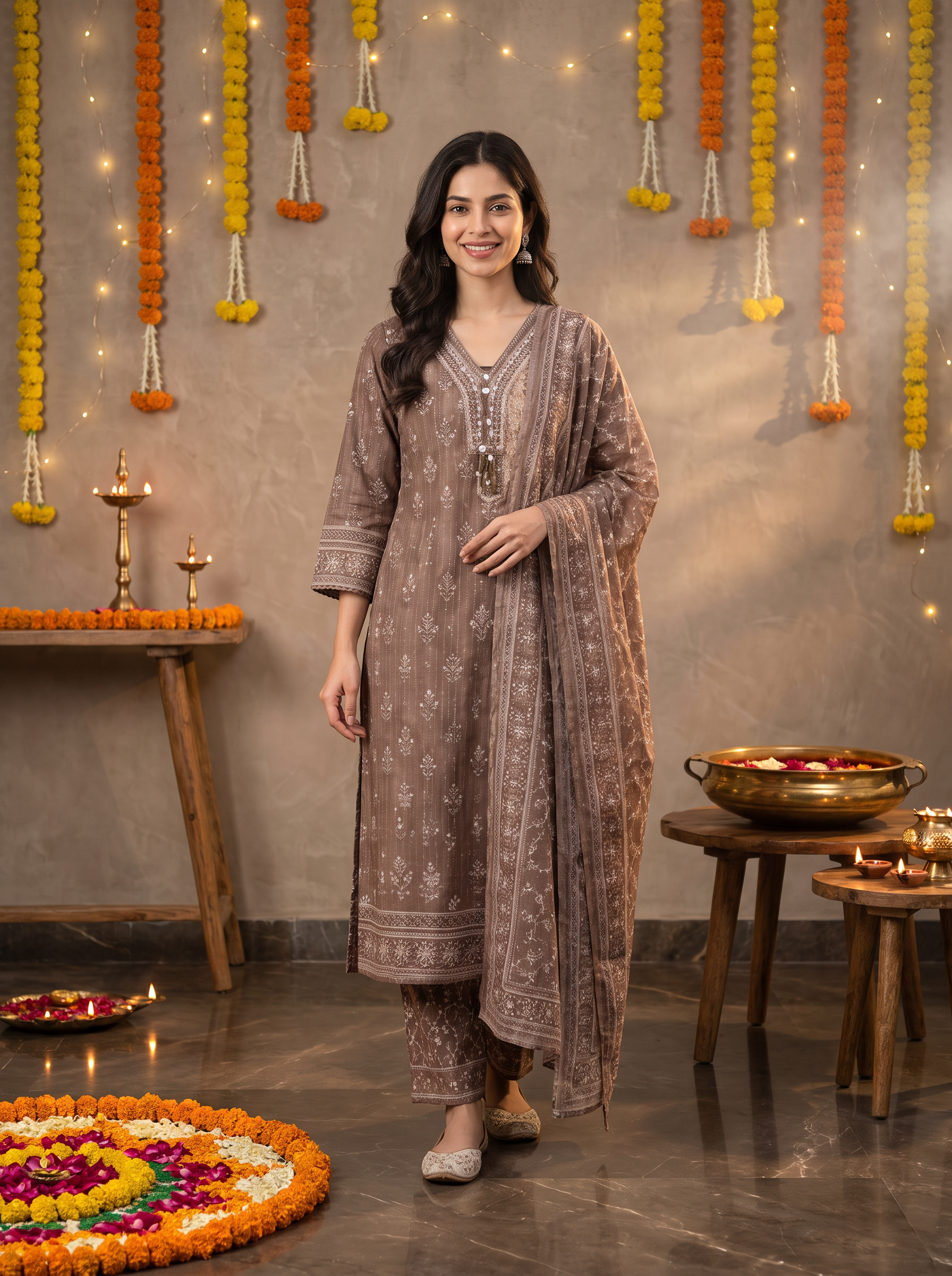 Floral Printed V-Neck Pure Cotton Straight Kurta With Trousers & Dupatta