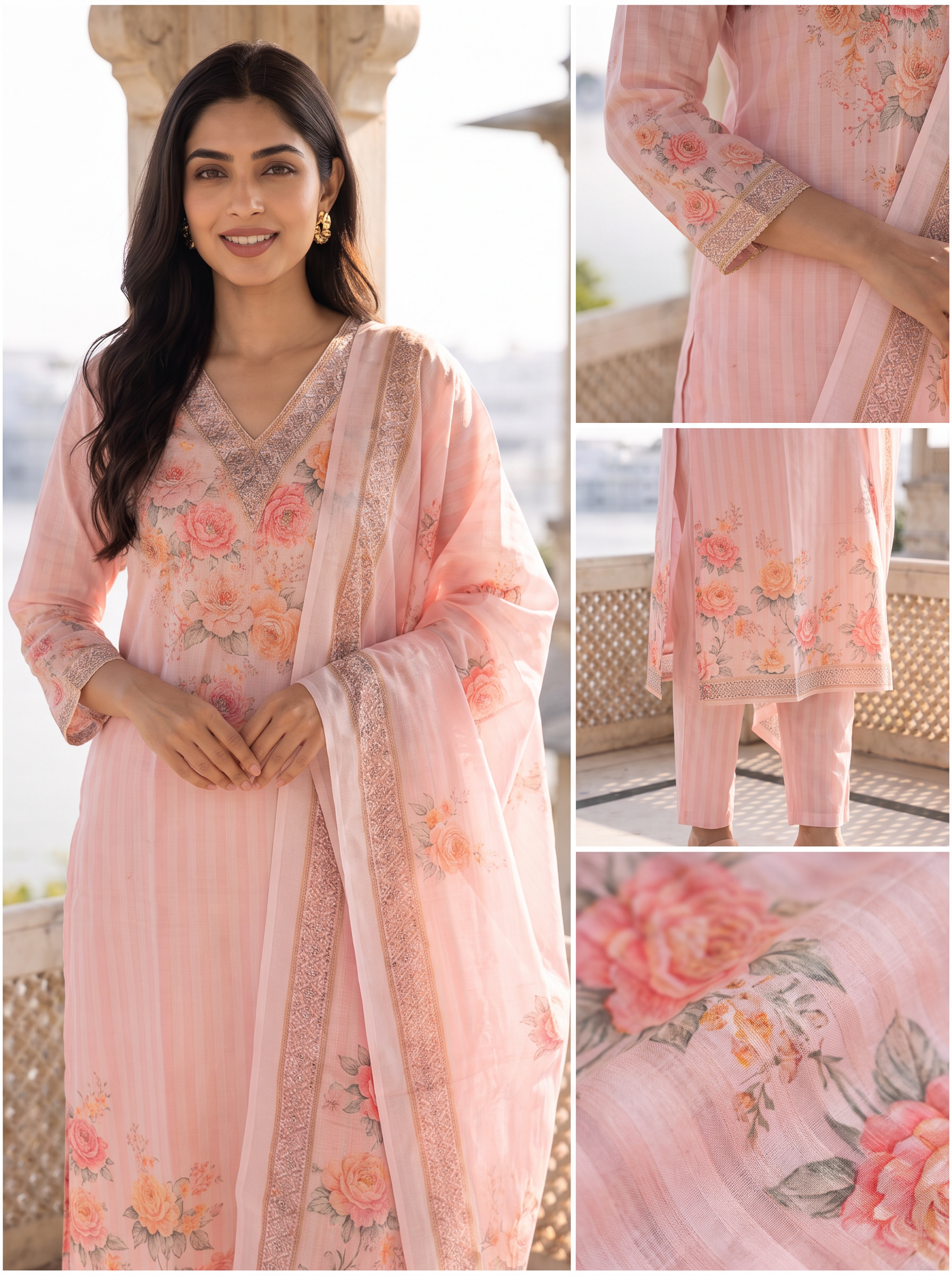 Women Floral Printed V-Neck Pure Cotton Straight Kurta With Trousers & Dupatta