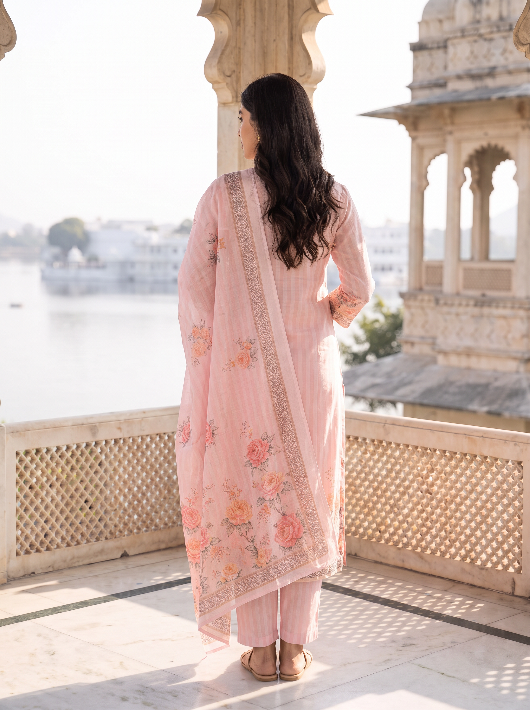 Women Floral Printed V-Neck Pure Cotton Straight Kurta With Trousers & Dupatta