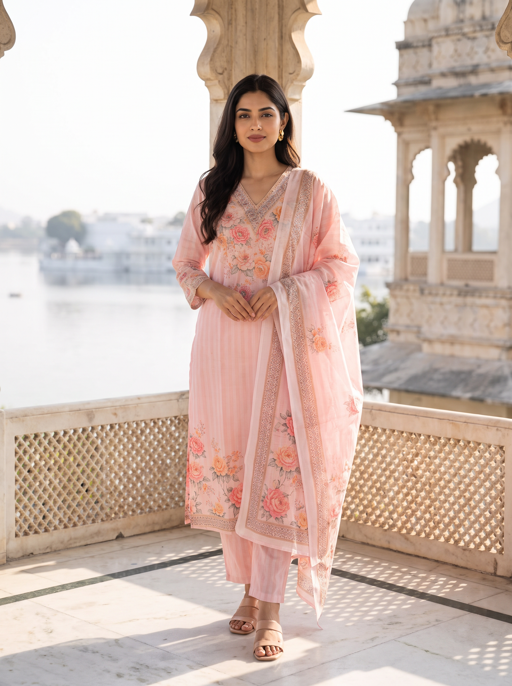 Women Floral Printed V-Neck Pure Cotton Straight Kurta With Trousers & Dupatta