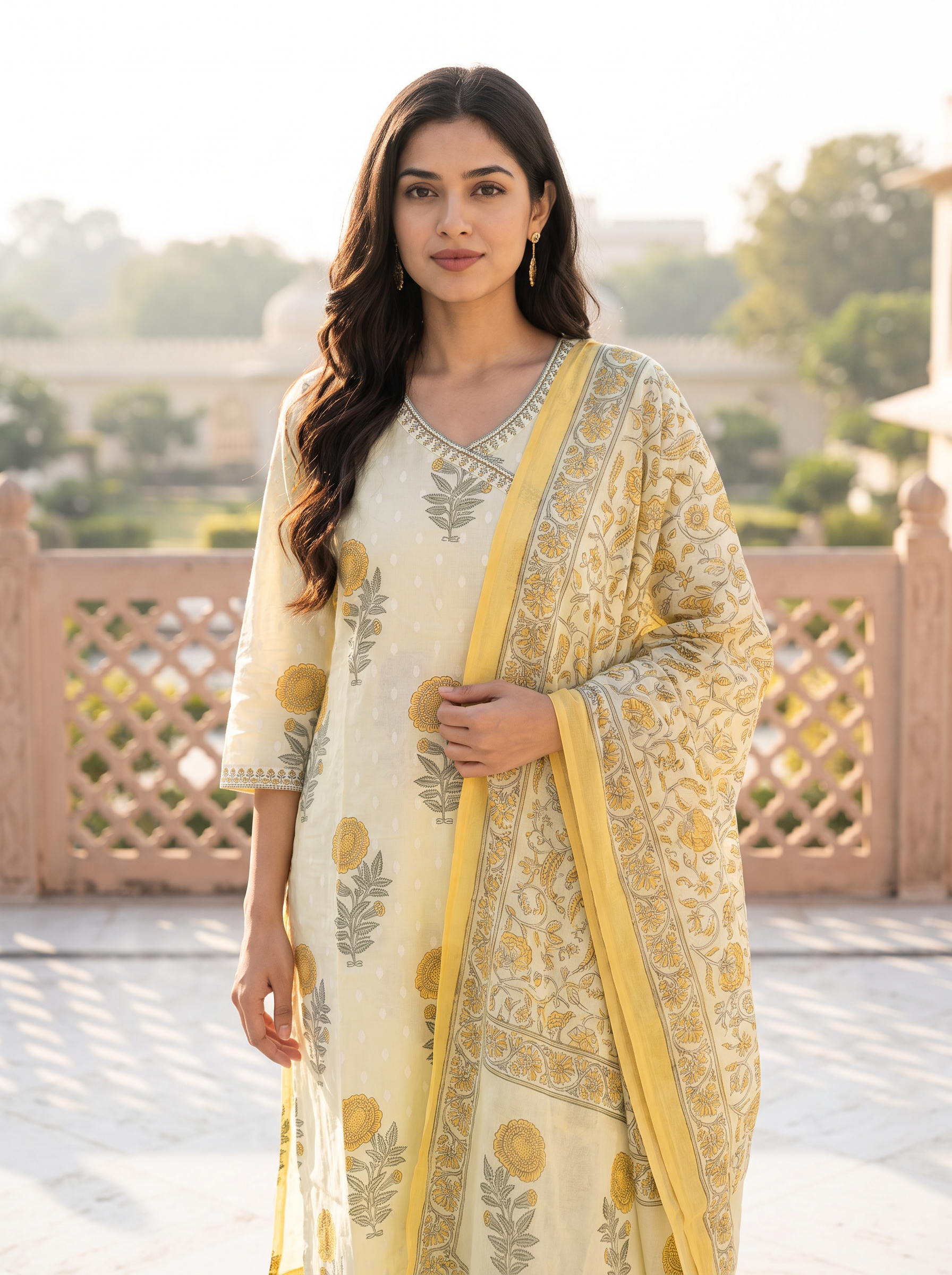 Women Floral Printed V- Neck Regular Kurta with Trousers & With Dupatta