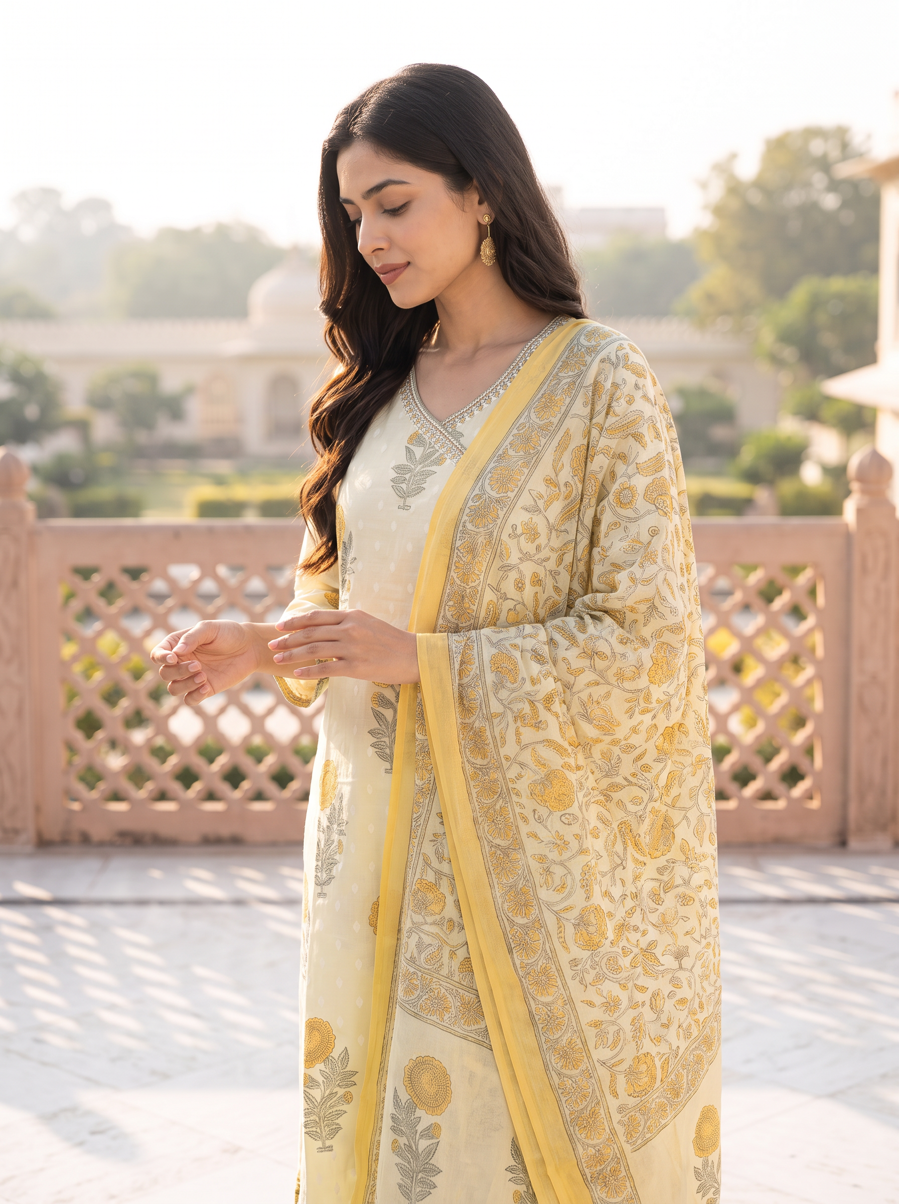 Women Floral Printed V- Neck Regular Kurta with Trousers & With Dupatta