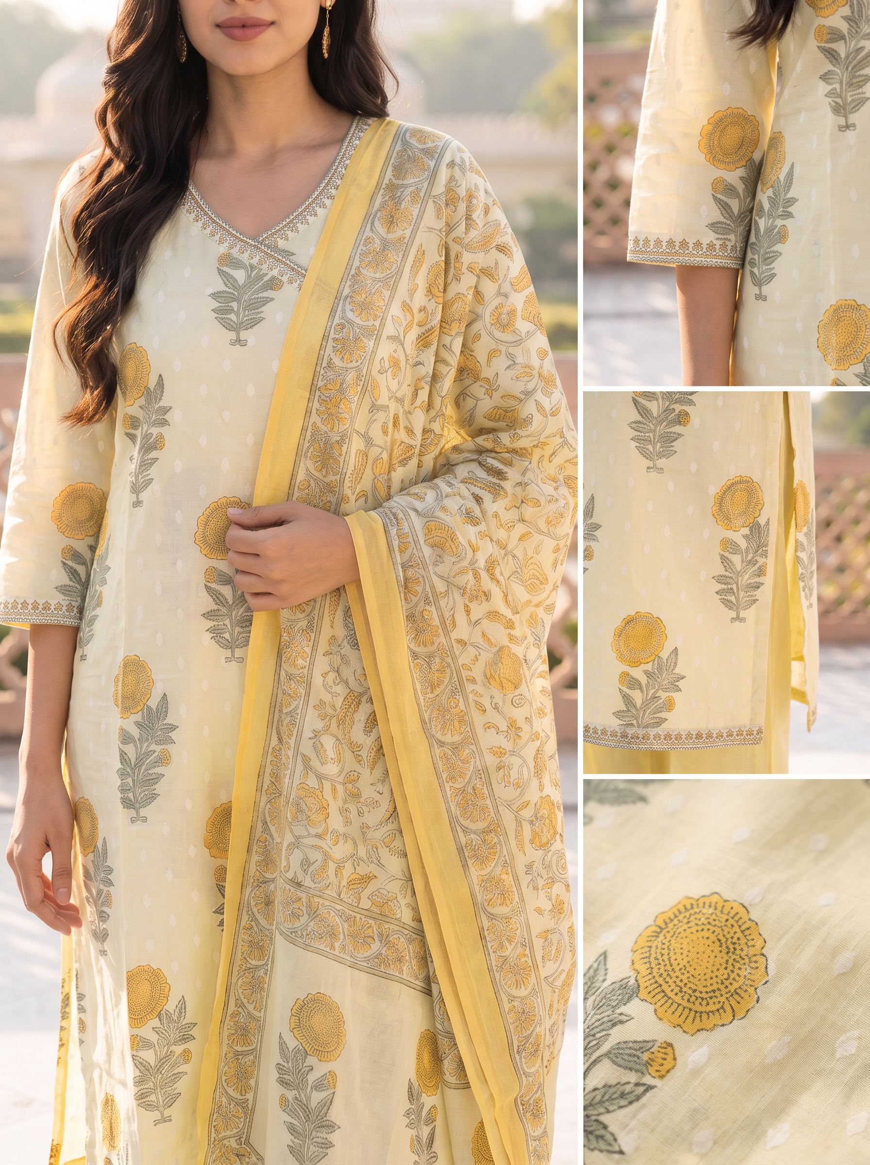 Women Floral Printed V- Neck Regular Kurta with Trousers & With Dupatta