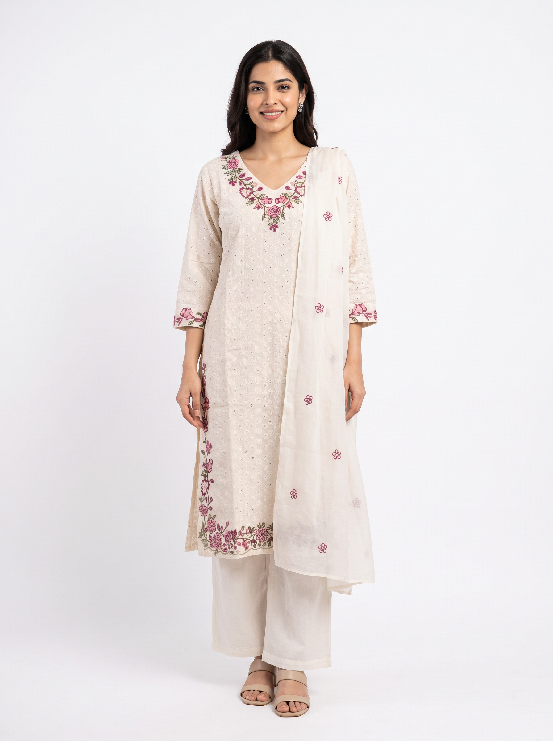 Women Floral Embroidery neck Regular Kurta with Trousers & With Dupatta