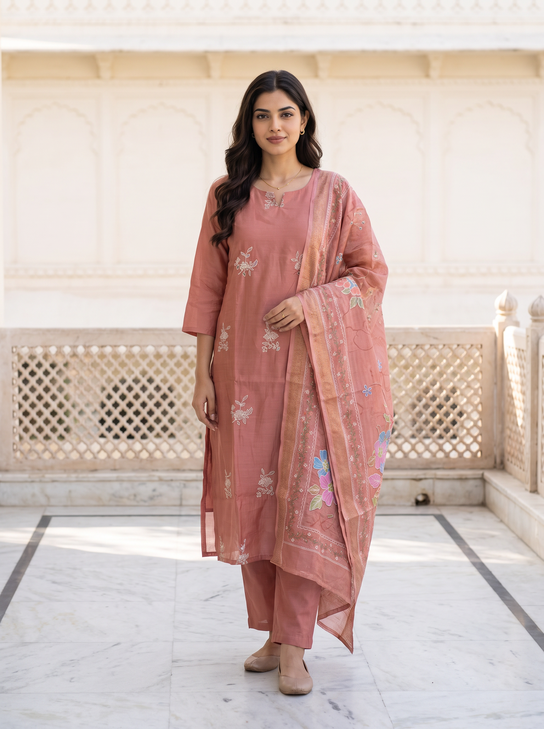 Women Floral Thread embroidery Regular Kurta with Trousers & With Dupatta