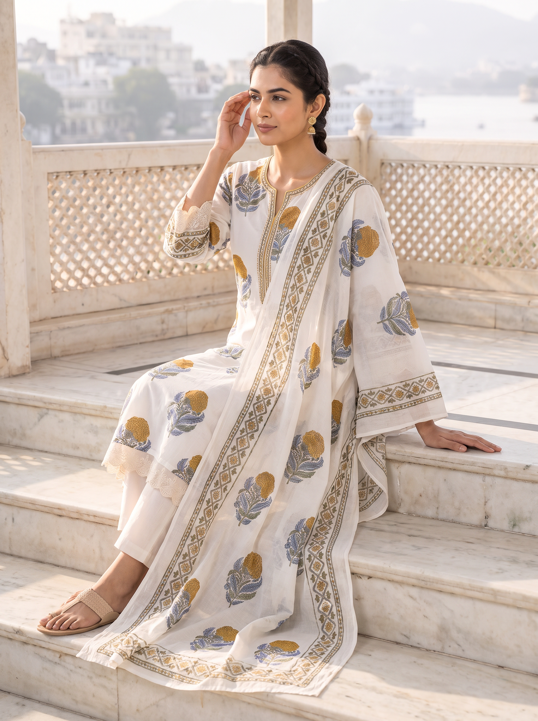 Women Block Printed Regular Kurta with Trousers & With Dupatta