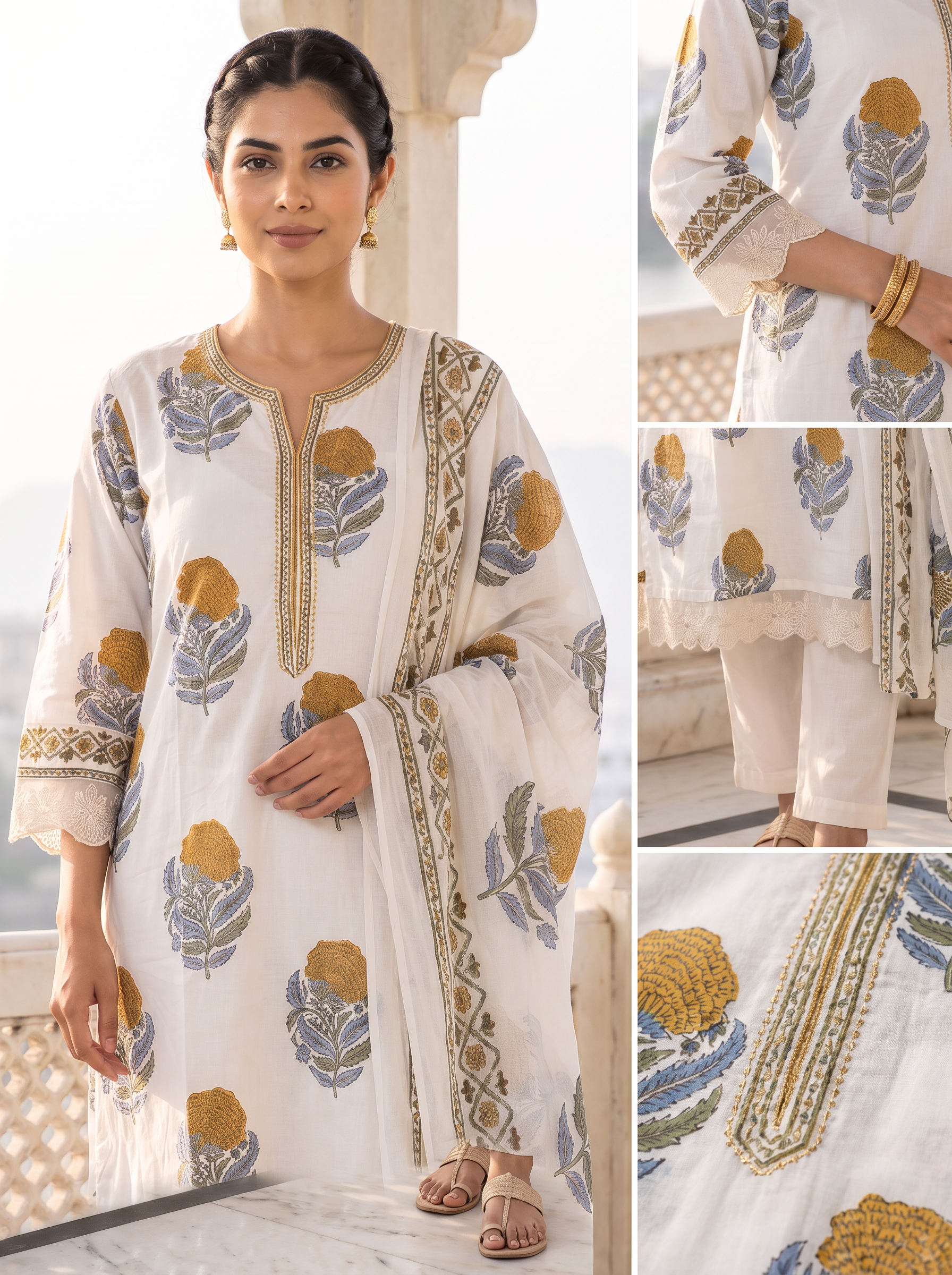 Women Block Printed Regular Kurta with Trousers & With Dupatta