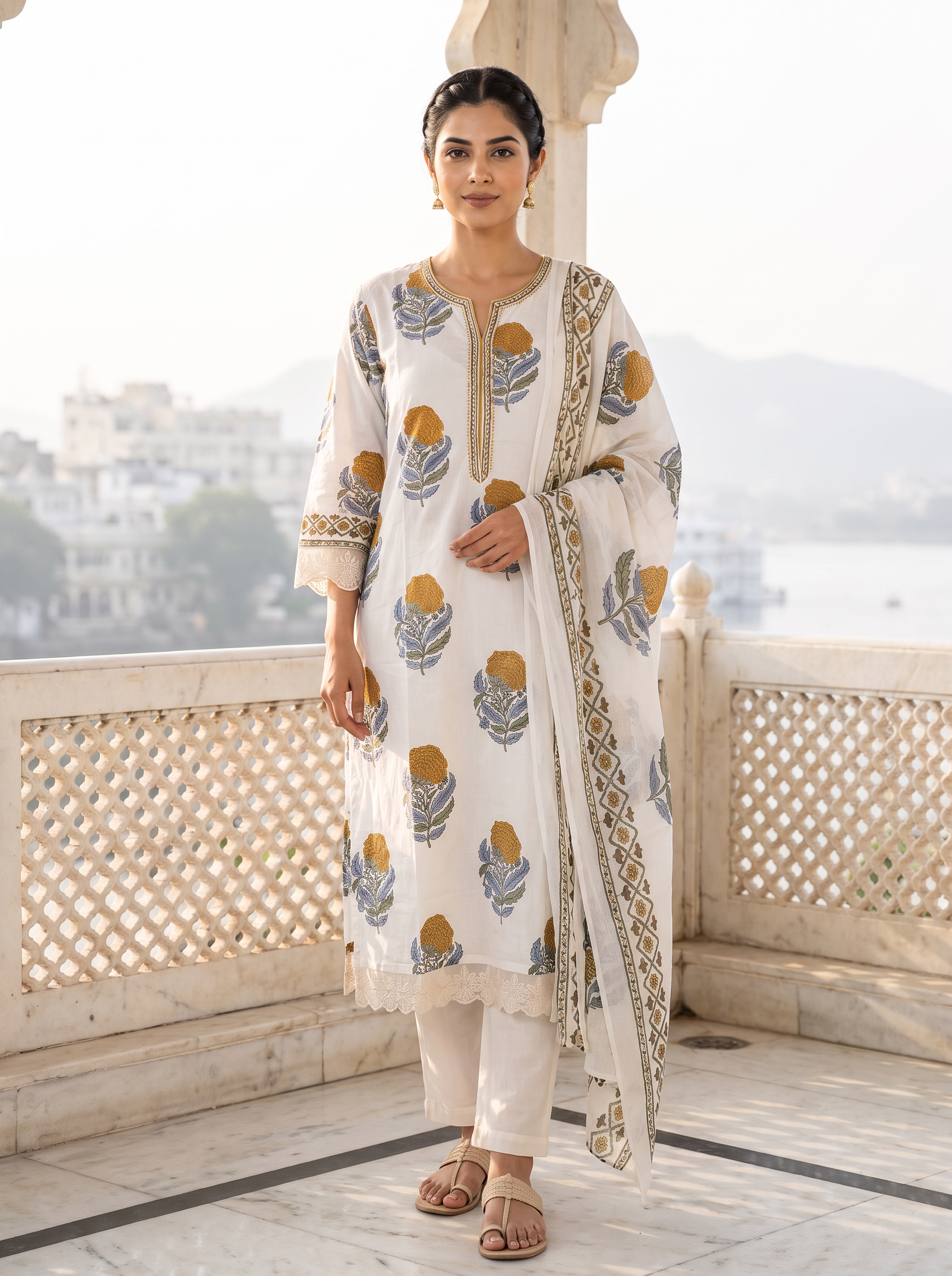 Women Block Printed Regular Kurta with Trousers & With Dupatta