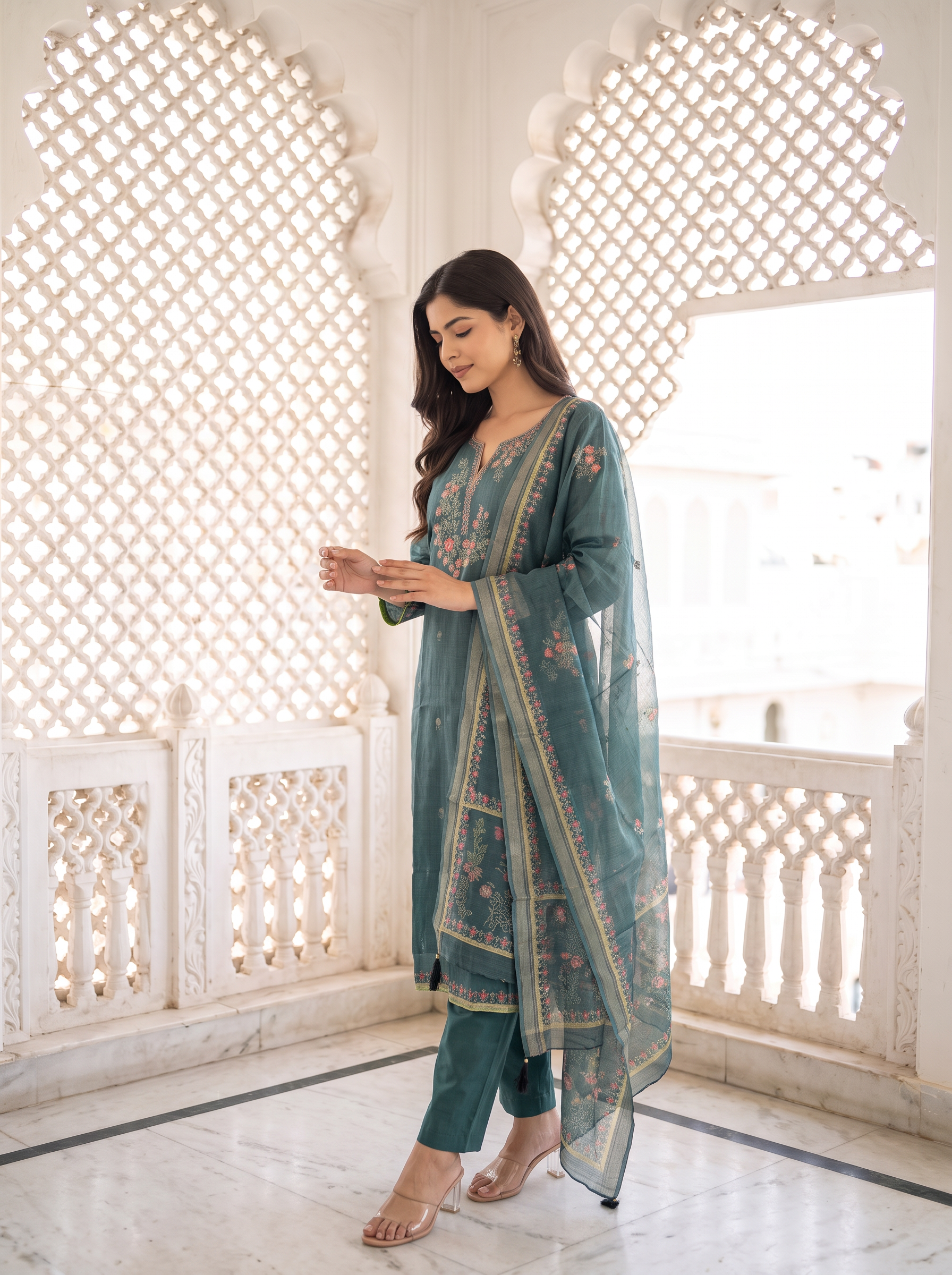 Women Printed Kadhi Regular Kurta with Trousers & With Dupatta