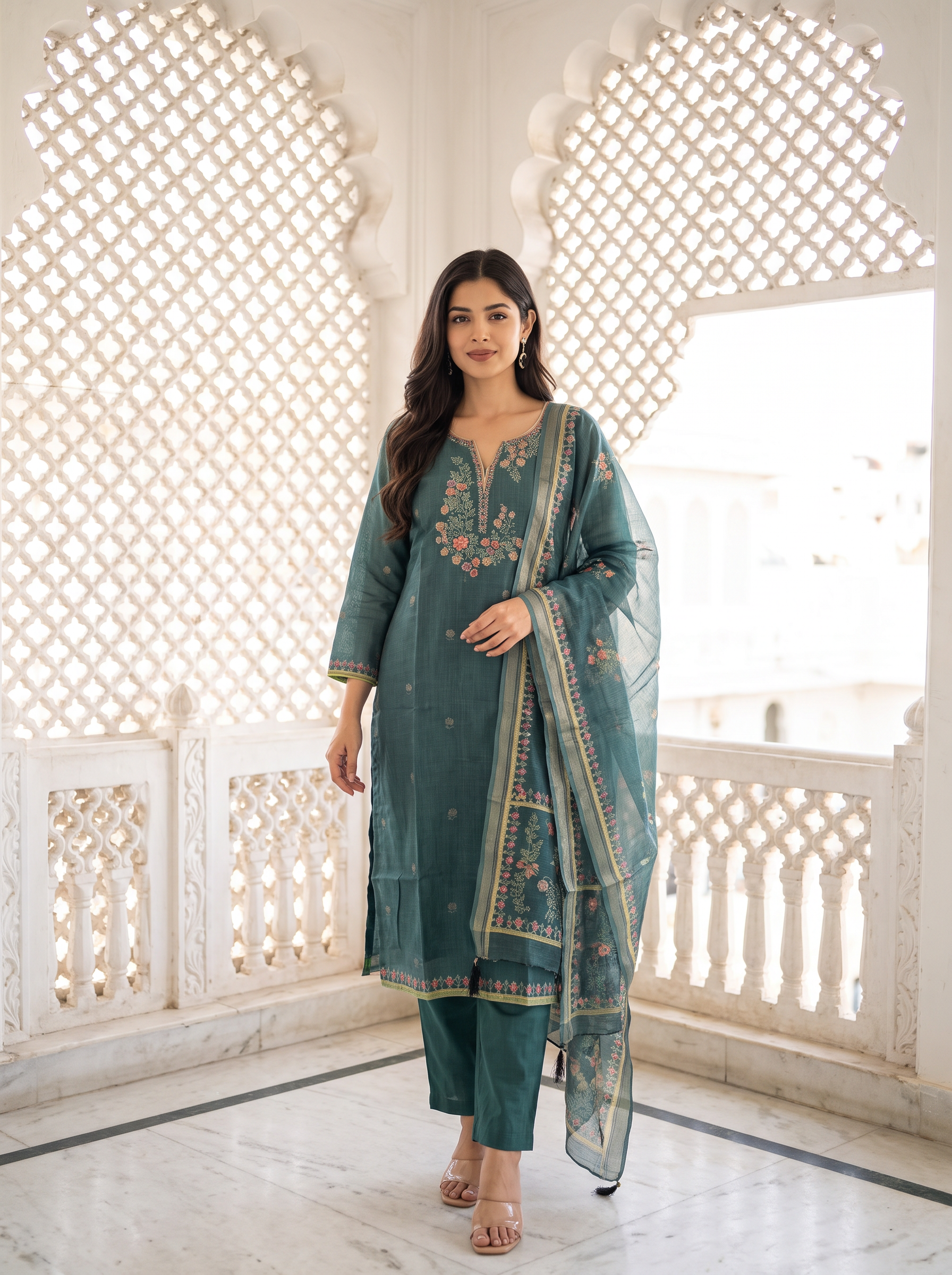 Women Printed Kadhi Regular Kurta with Trousers & With Dupatta