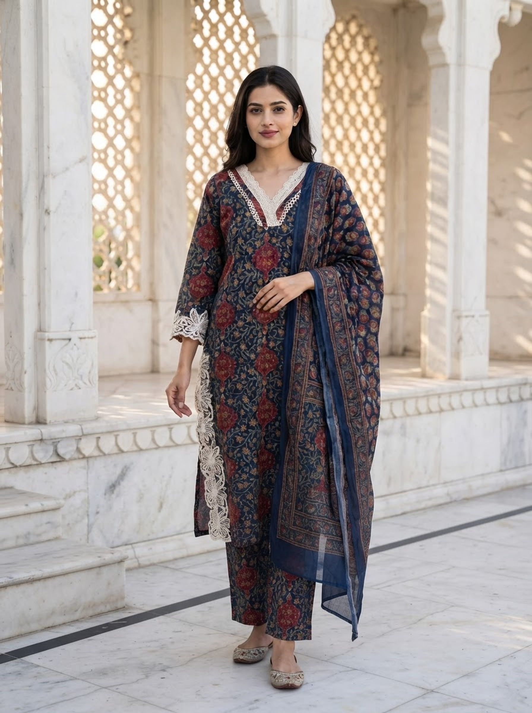 Women Coloured Printed Regular Kurta with Trousers & With Dupatta
