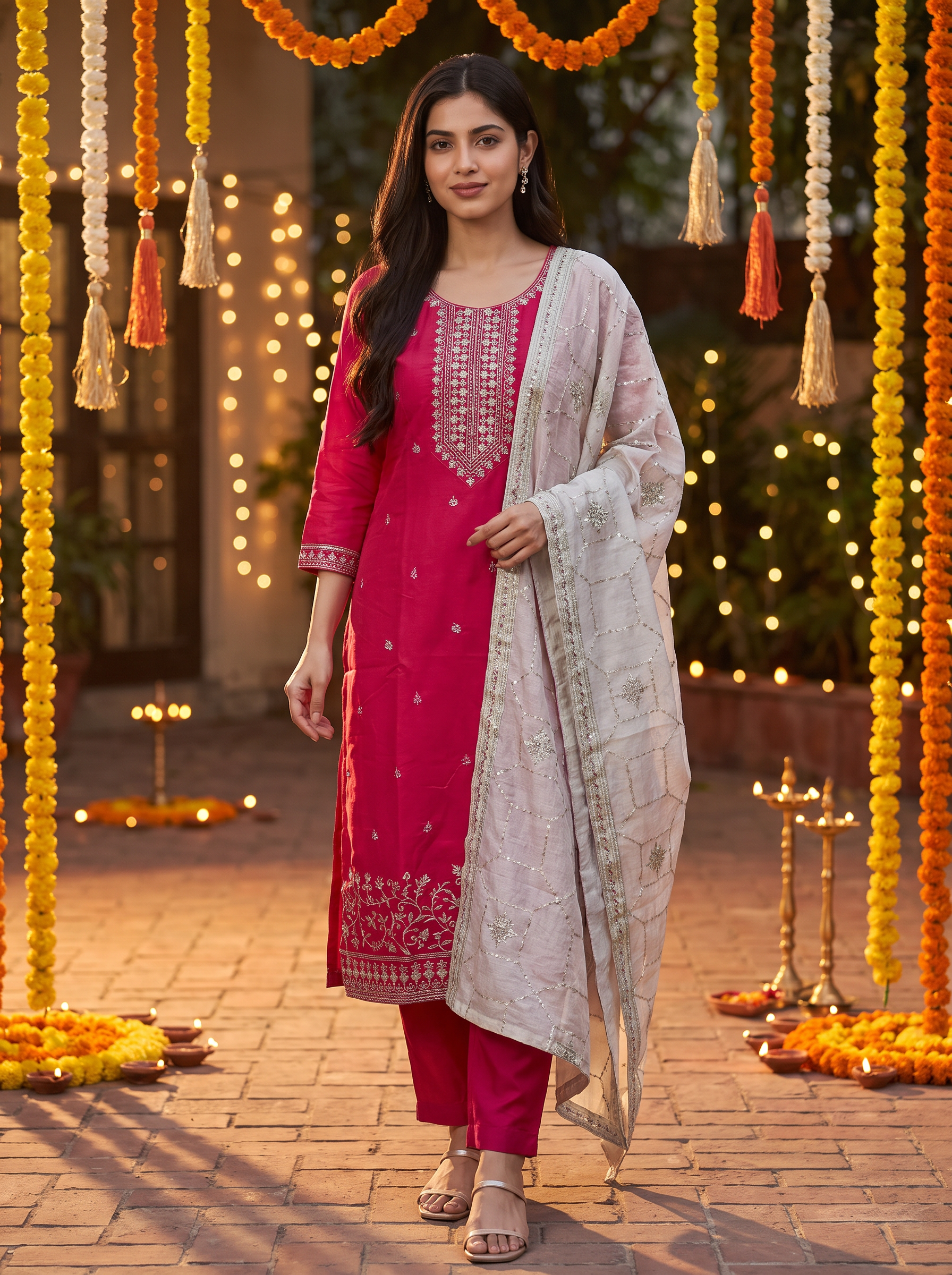 Women Georgette Regular Kurta with Trousers & With Dupatta