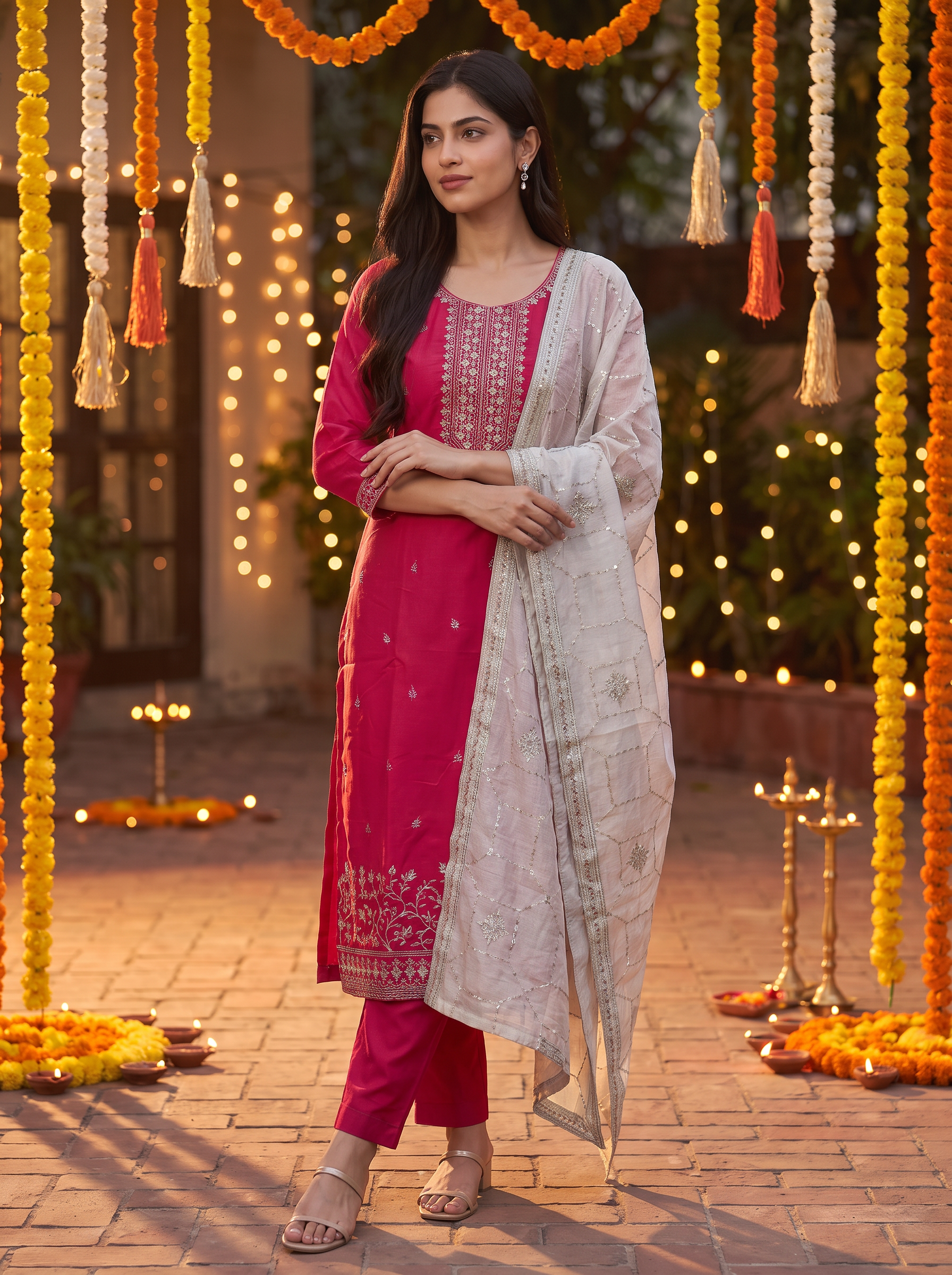Women Georgette Regular Kurta with Trousers & With Dupatta