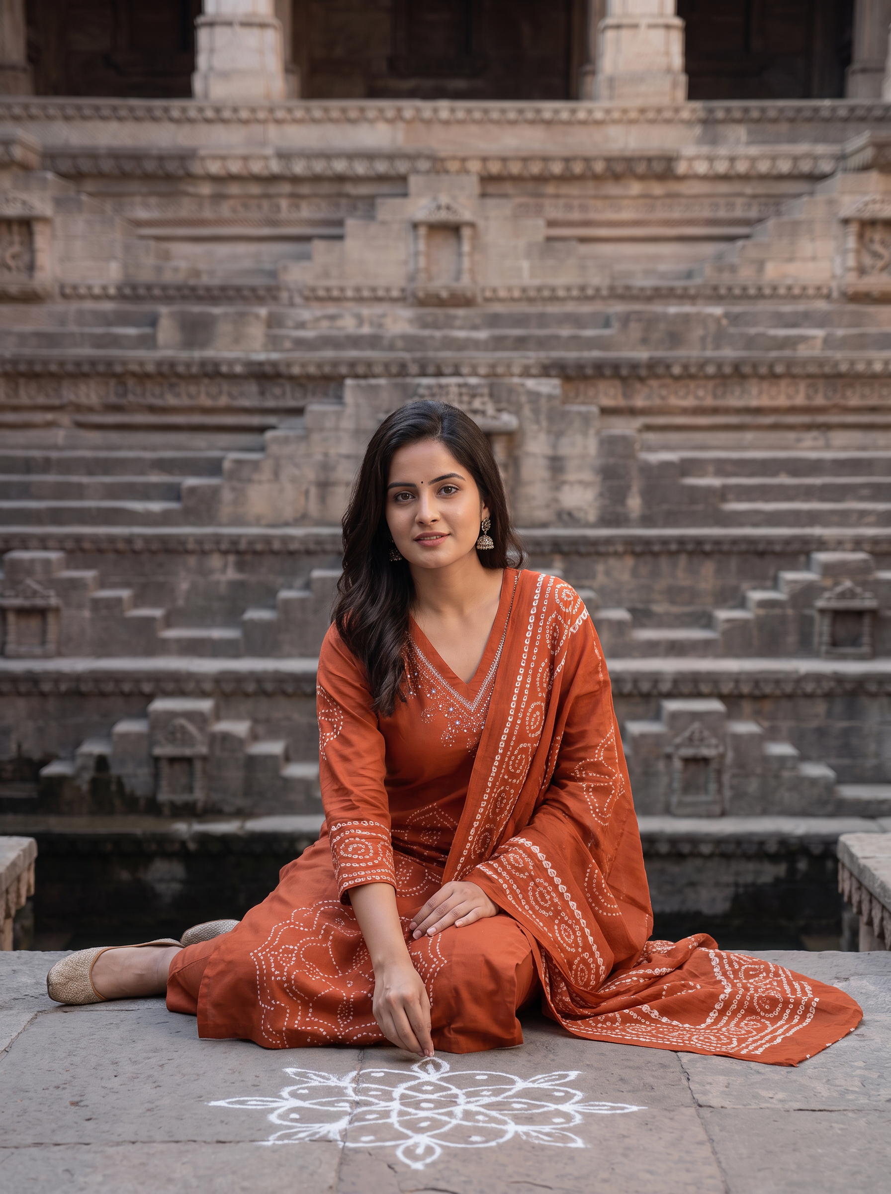 Women Bandhani Embroidery Regular Kurta with Trousers & With Dupatta