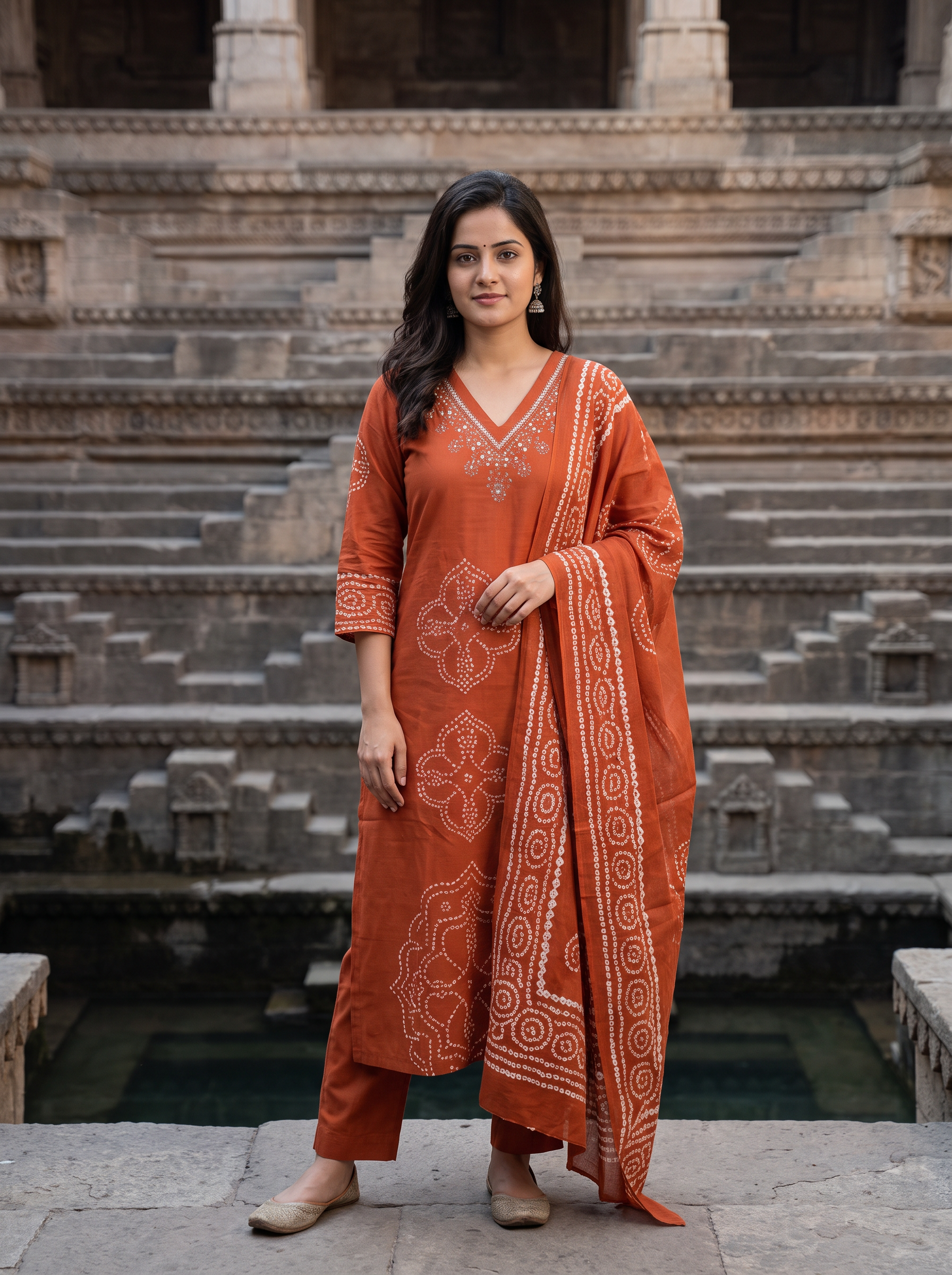 Women Bandhani Embroidery Regular Kurta with Trousers & With Dupatta
