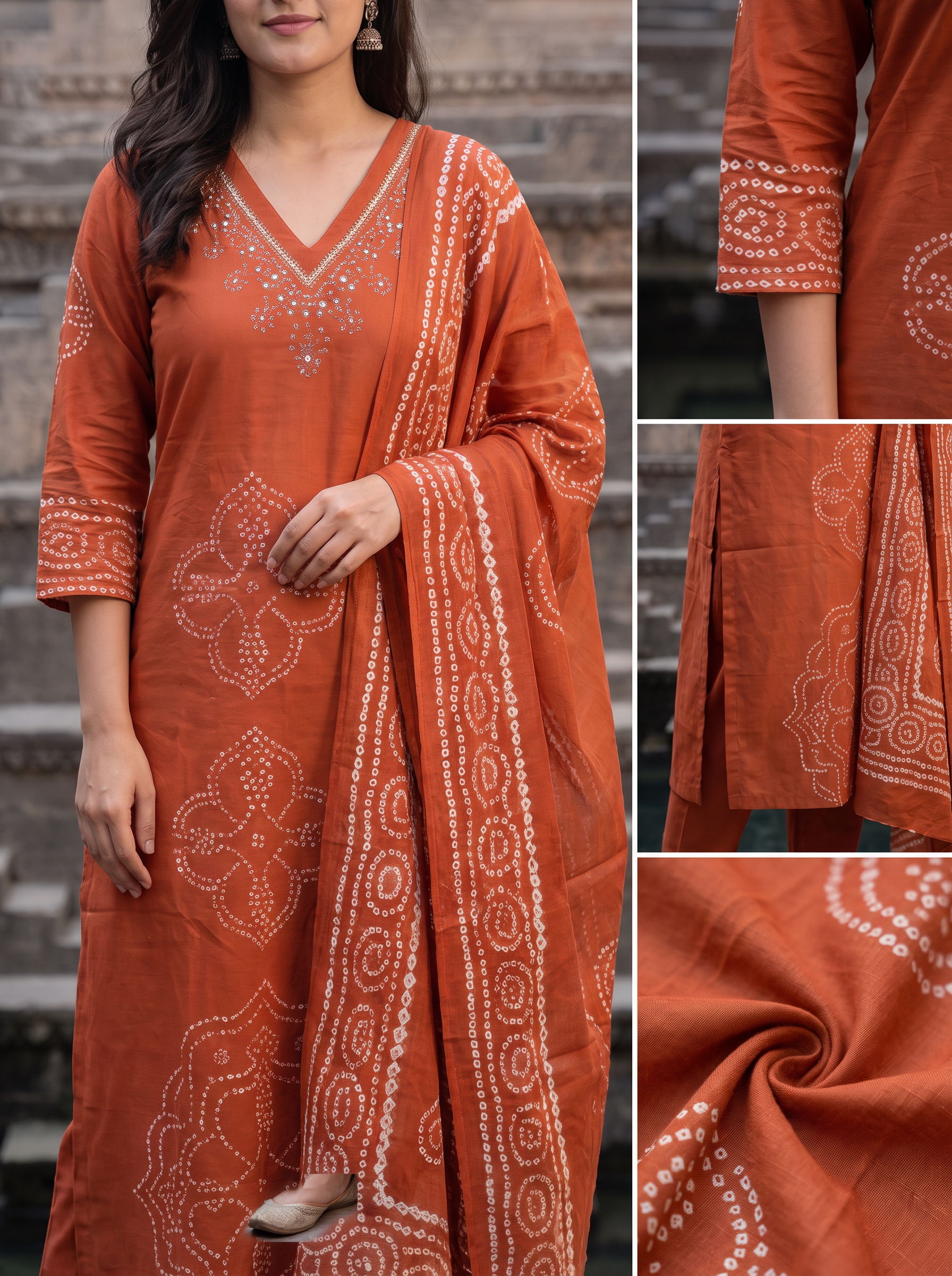 Women Bandhani Embroidery Regular Kurta with Trousers & With Dupatta