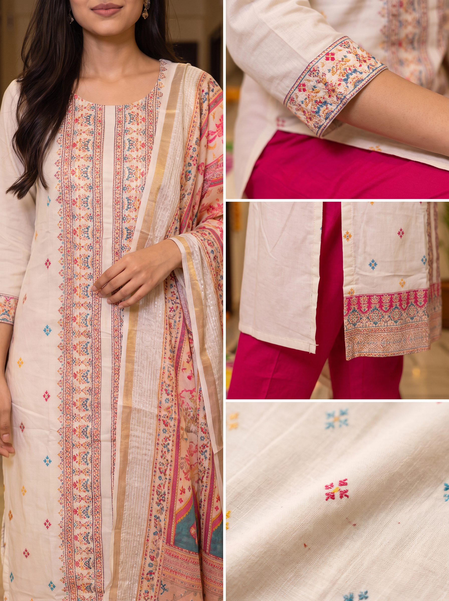 Women Thread Embroidery Regular Kurta with Trousers & With Dupatta