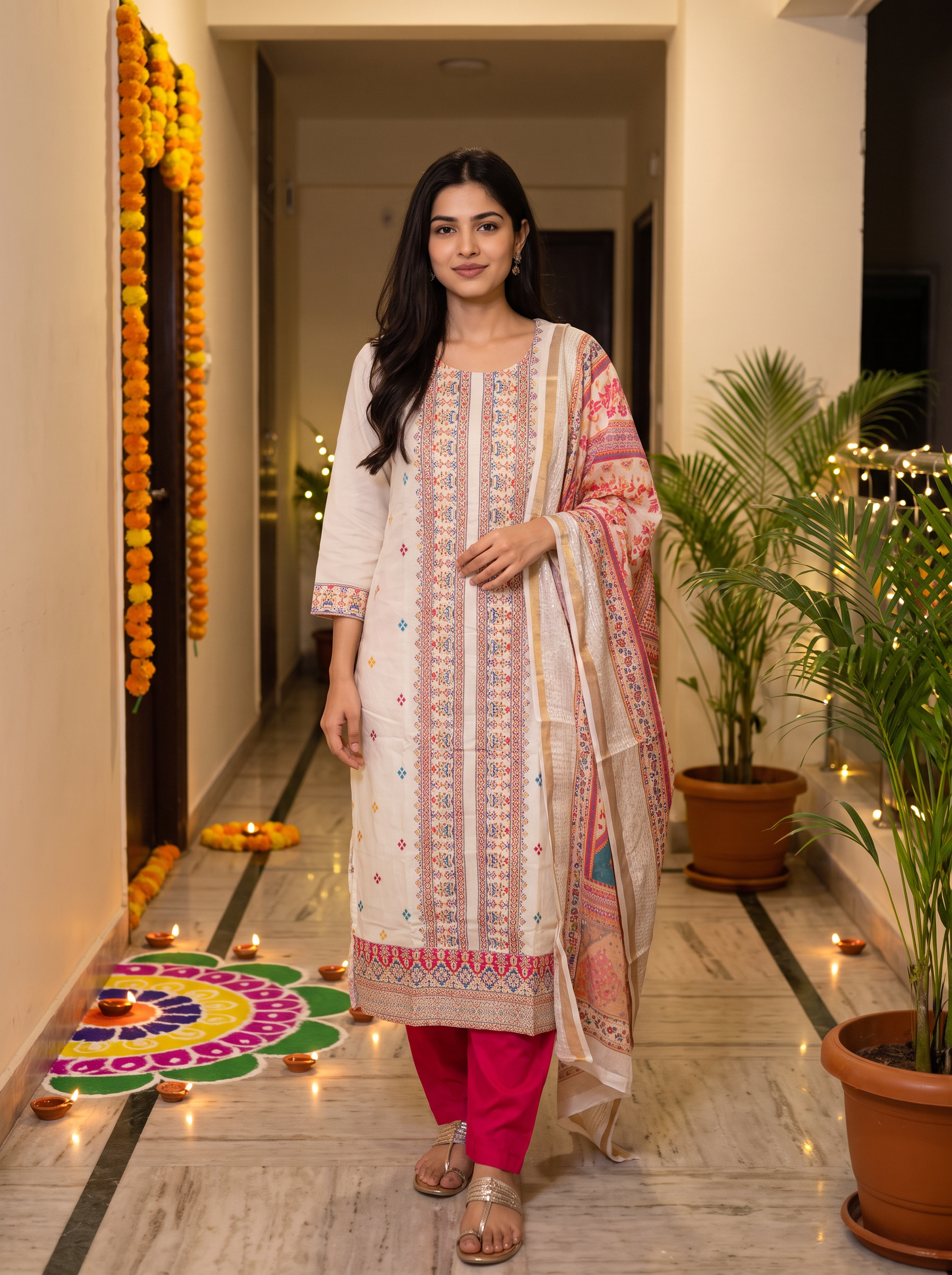 Women Thread Embroidery Regular Kurta with Trousers & With Dupatta