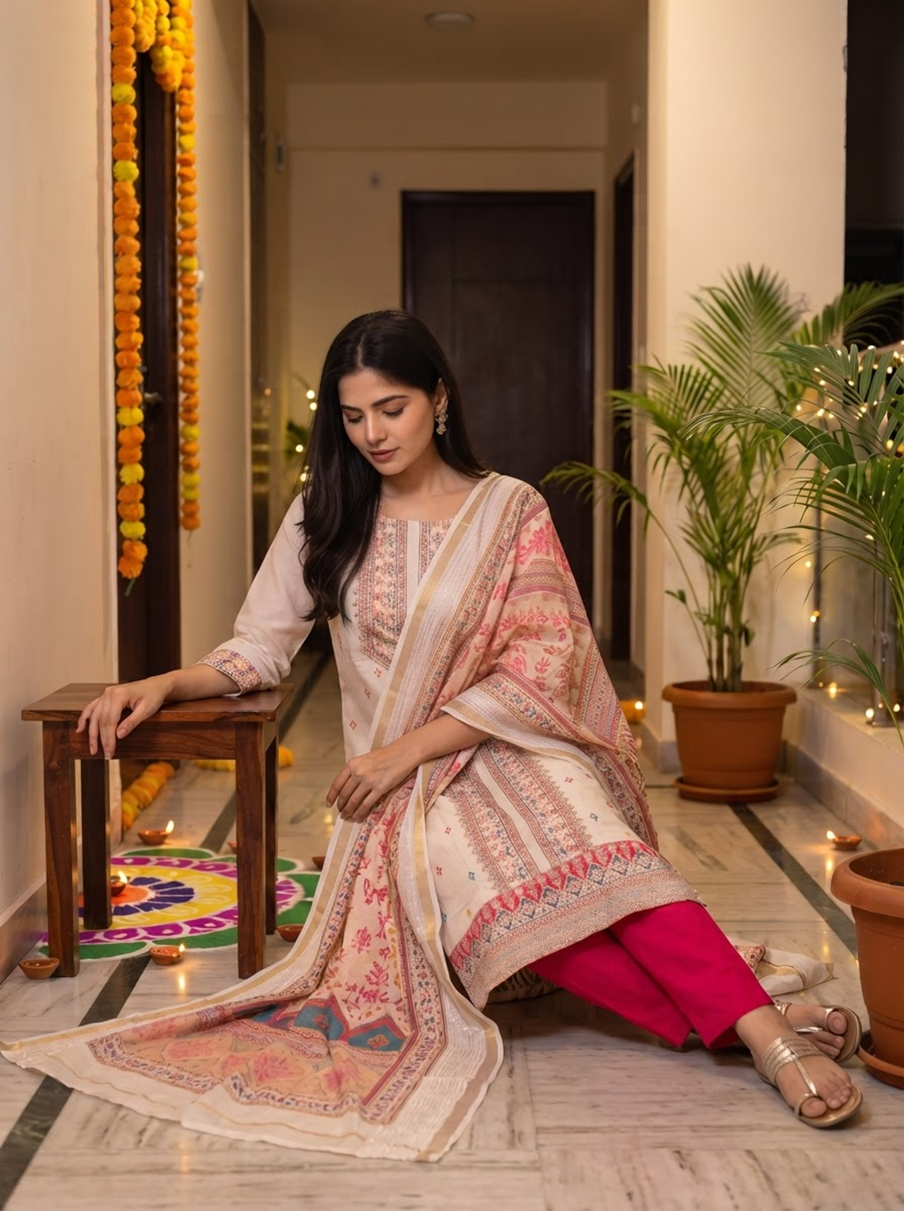 Women Thread Embroidery Regular Kurta with Trousers & With Dupatta